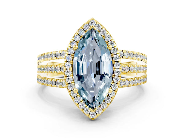 Yellow gold Marquise Cut Aquamarine Halo Engagement Ring with Split Shank and Four-Prong Setting