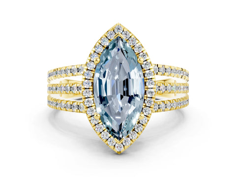 Yellow gold {shape_name} Aquamarine Halo Engagement Ring with Split Shank and Four-Prong Setting