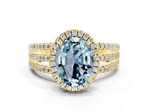 Yellow gold {shape_name} Aquamarine Halo Engagement Ring with Split Shank and Four-Prong Setting