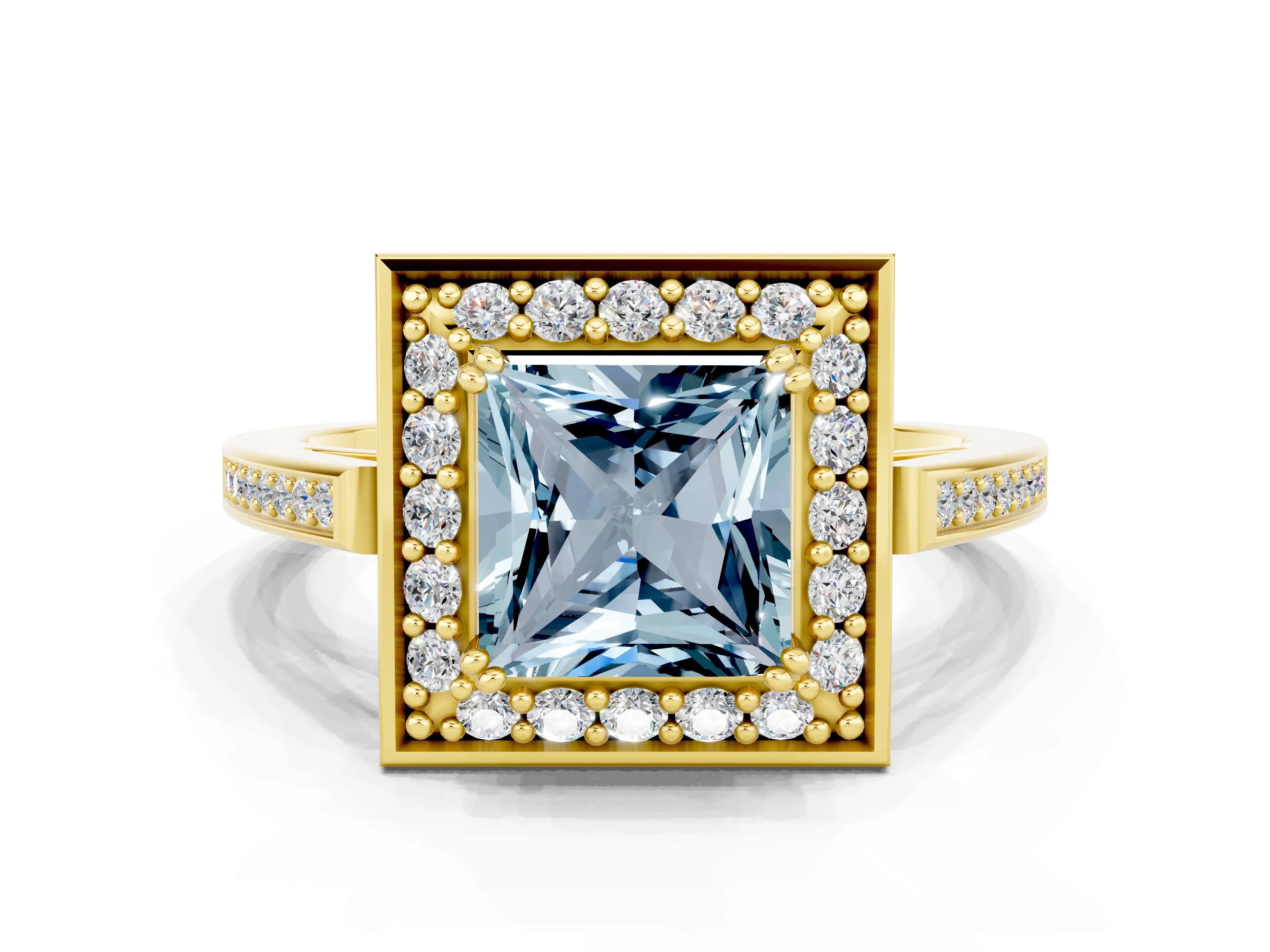 Yellow gold {shape_name} Aquamarine Halo Ring with Split Shank and Four-Prong Setting