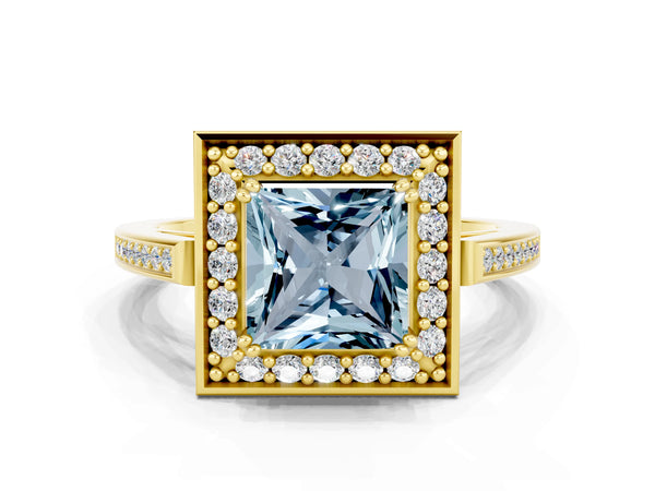 Yellow gold Princess Cut Aquamarine Halo Ring with Split Shank and Four-Prong Setting