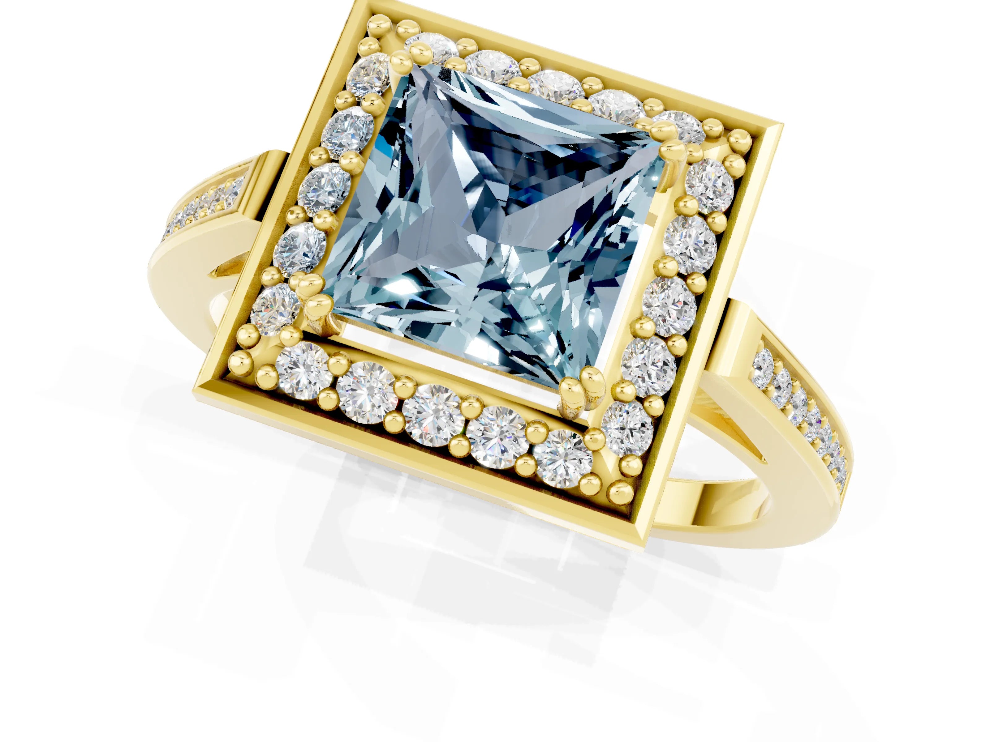 Yellow gold {shape_name} Aquamarine Halo Ring with Split Shank and Four-Prong Setting_1