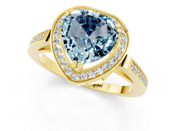 Yellow gold Heart Cut Aquamarine Halo Ring with Split Shank and Four-Prong Setting