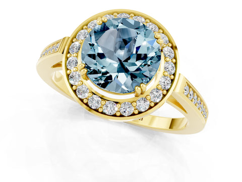 Yellow gold {shape_name} Aquamarine Halo Ring with Split Shank and Four-Prong Setting_1