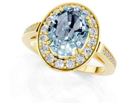 Yellow gold {shape_name} Aquamarine Halo Ring with Split Shank and Four-Prong Setting_1