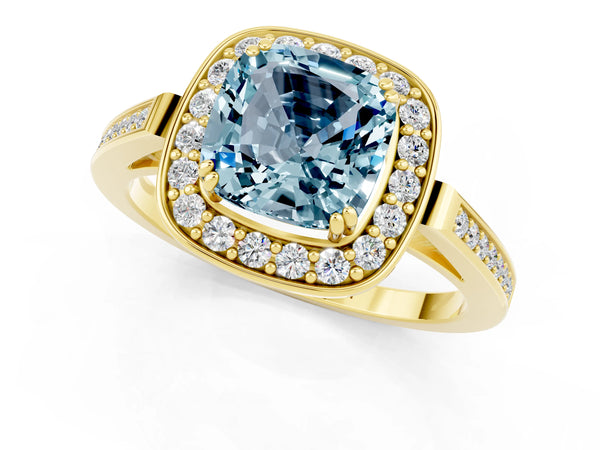 Yellow gold Cushion Cut Aquamarine Halo Ring with Split Shank and Four-Prong Setting