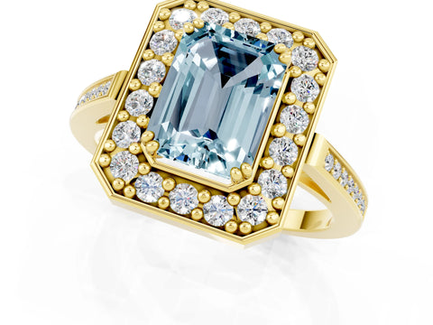 Yellow gold {shape_name} Aquamarine Halo Ring with Split Shank and Four-Prong Setting_1