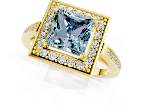 Yellow gold {shape_name} Aquamarine Halo Ring with Split Shank and Four-Prong Setting_1