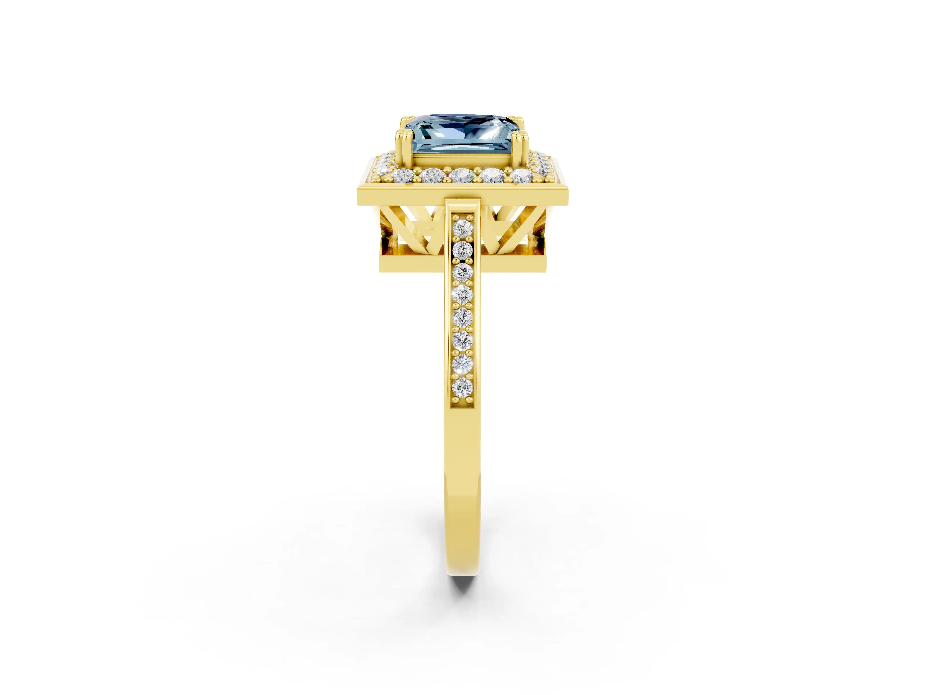 Yellow gold {shape_name} Aquamarine Halo Ring with Split Shank and Four-Prong Setting_2