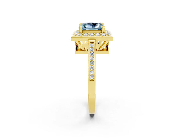 Yellow gold Princess Cut Aquamarine Halo Ring with Split Shank and Four-Prong Setting