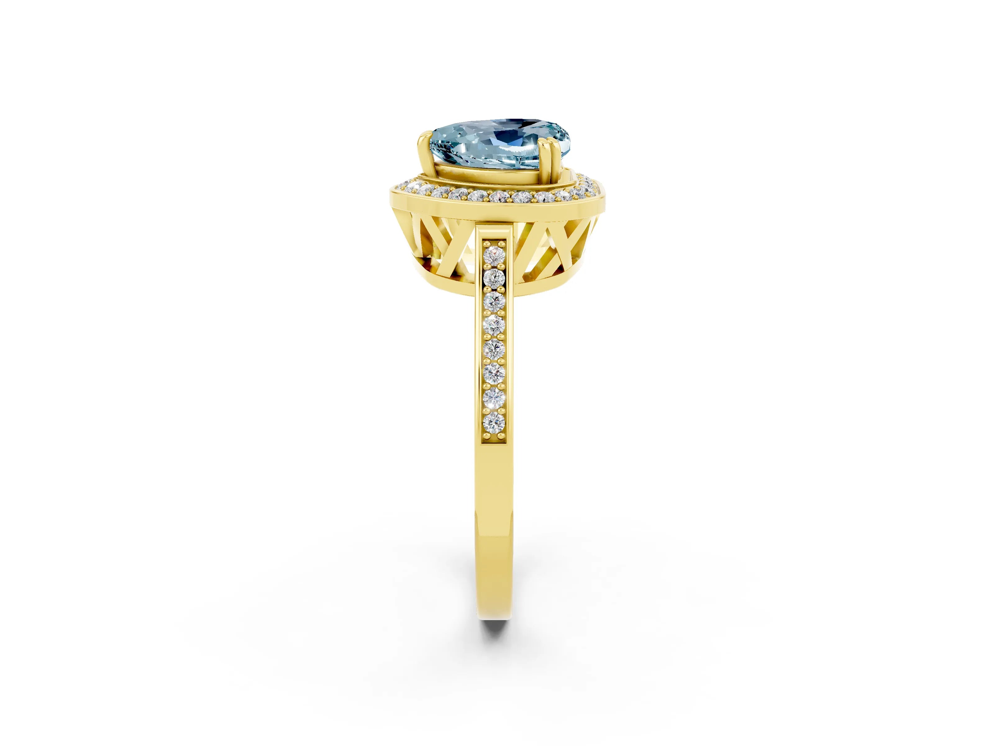 Yellow gold {shape_name} Aquamarine Halo Ring with Split Shank and Four-Prong Setting_2