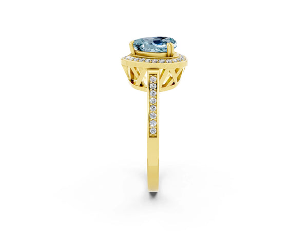 Yellow gold Heart Cut Aquamarine Halo Ring with Split Shank and Four-Prong Setting