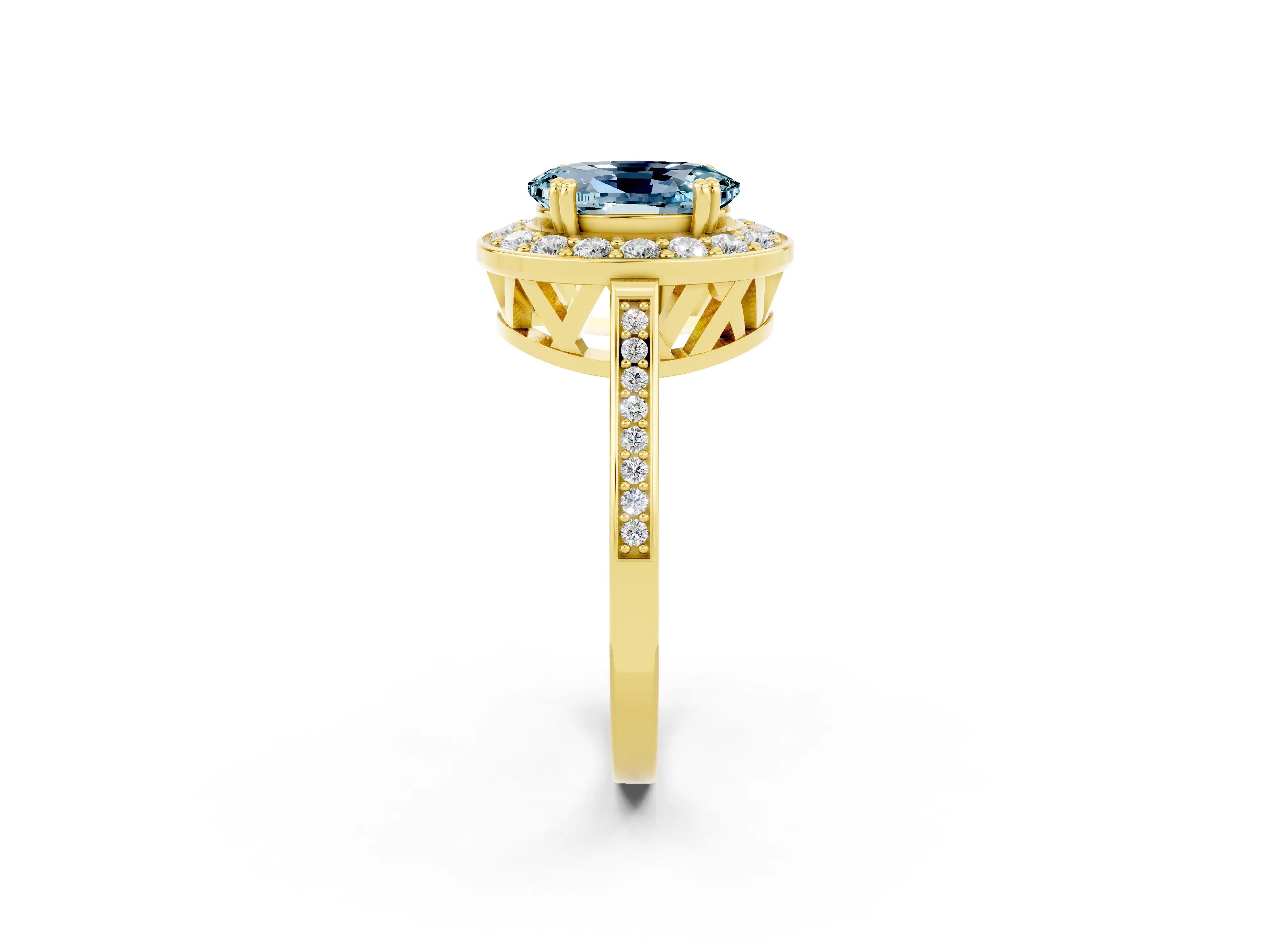 Yellow gold {shape_name} Aquamarine Halo Ring with Split Shank and Four-Prong Setting_2