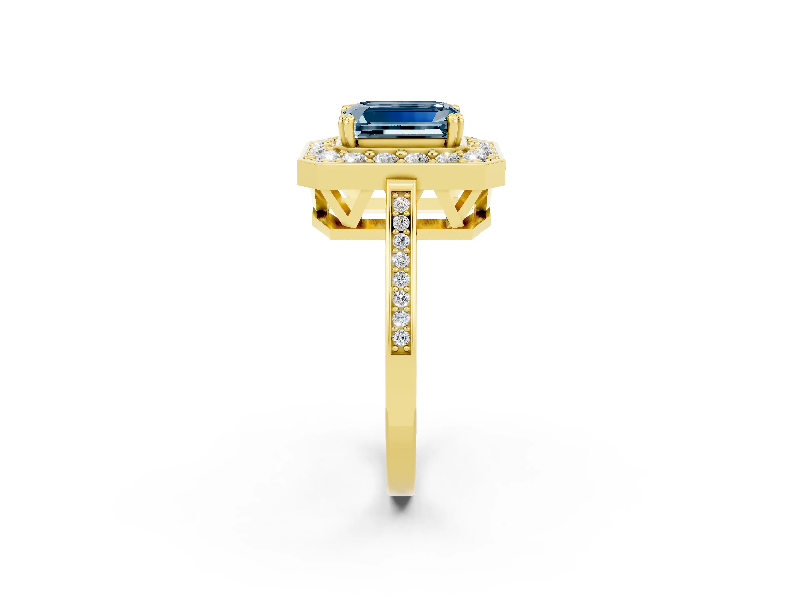 Yellow gold {shape_name} Aquamarine Halo Ring with Split Shank and Four-Prong Setting_2