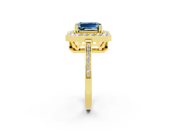 Yellow gold Emerald Cut Aquamarine Halo Ring with Split Shank and Four-Prong Setting
