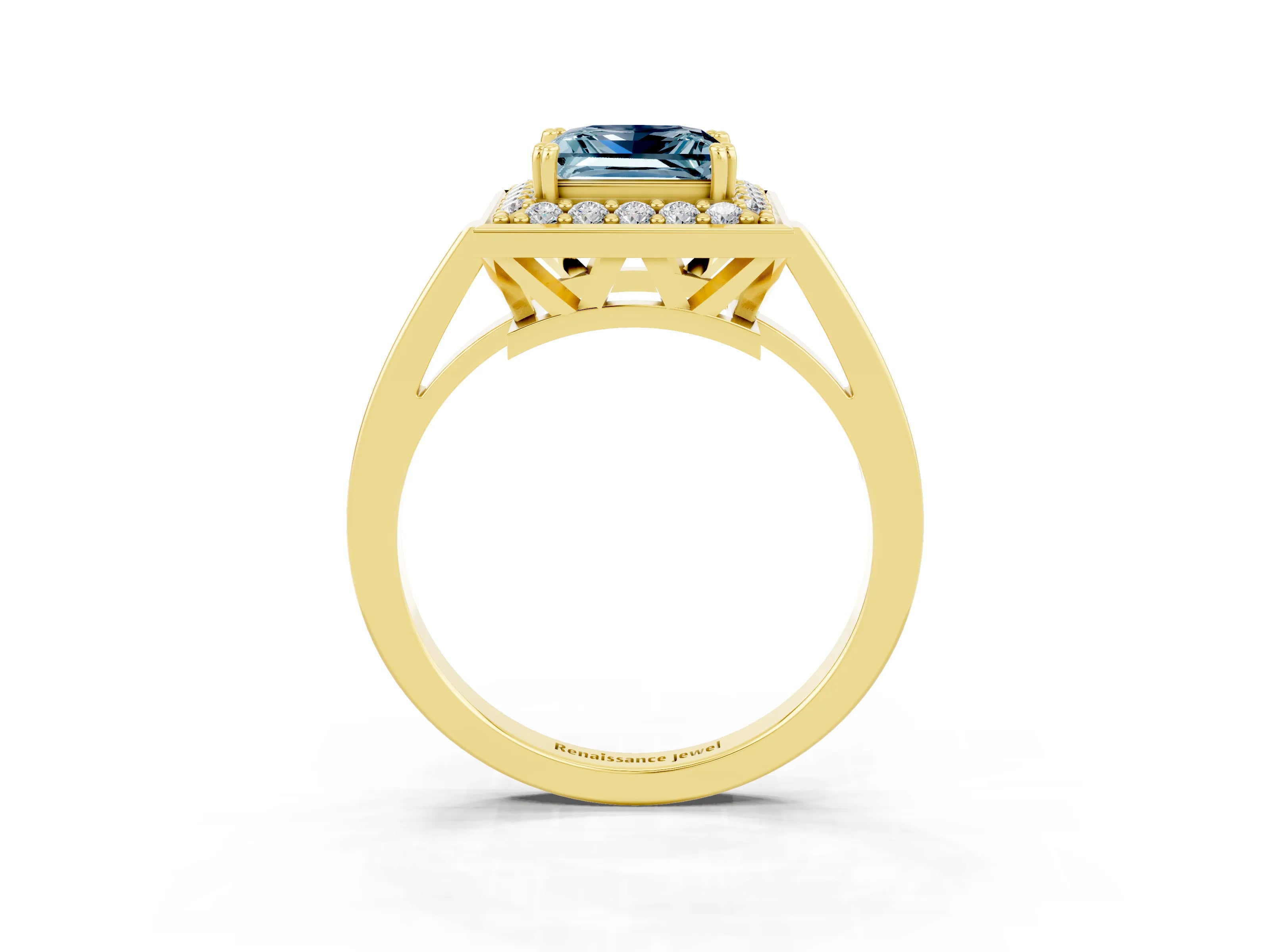Yellow gold {shape_name} Aquamarine Halo Ring with Split Shank and Four-Prong Setting_3