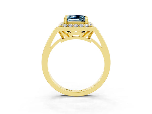 Yellow gold Princess Cut Aquamarine Halo Ring with Split Shank and Four-Prong Setting