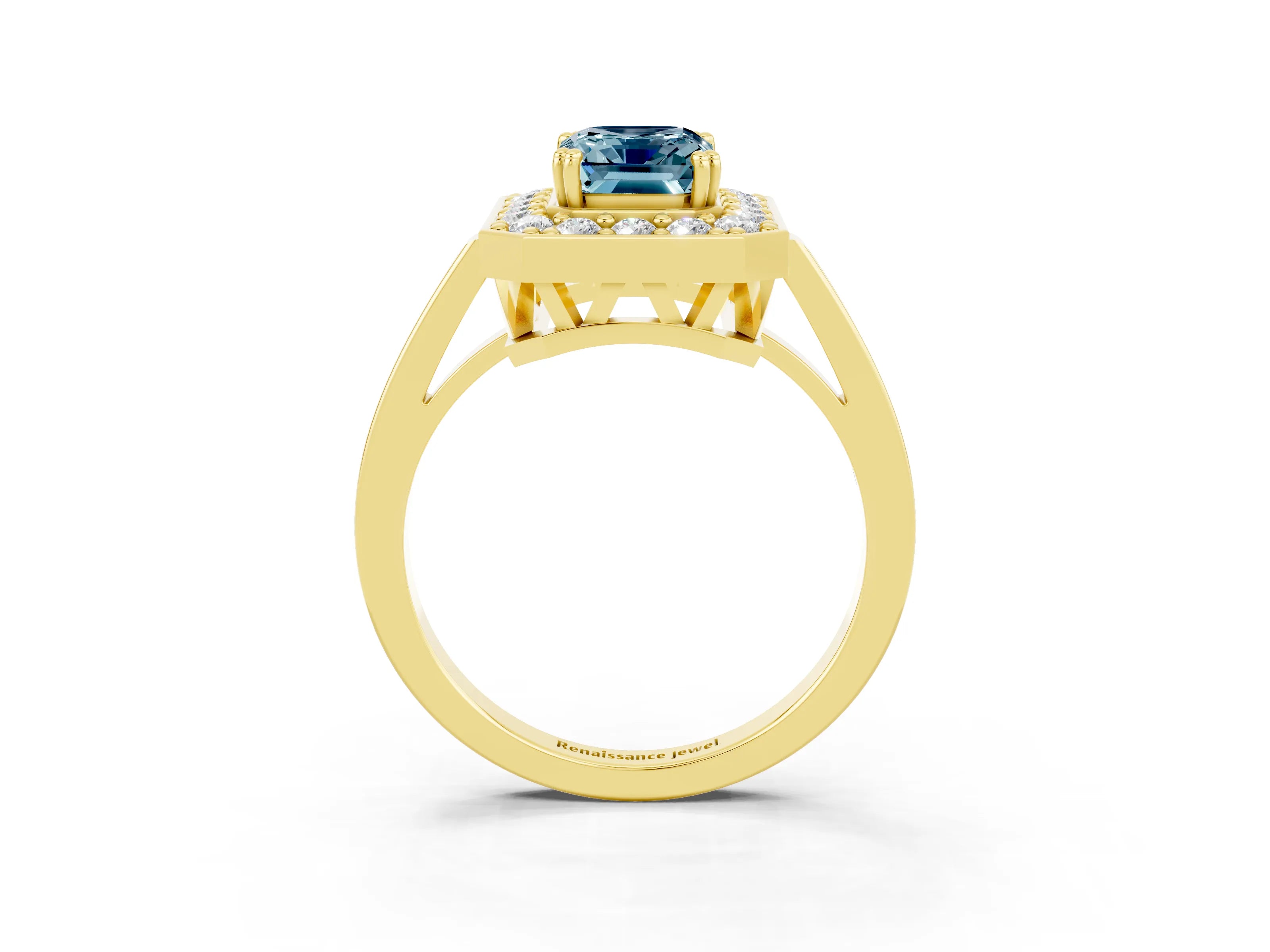 Yellow gold {shape_name} Aquamarine Halo Ring with Split Shank and Four-Prong Setting_3