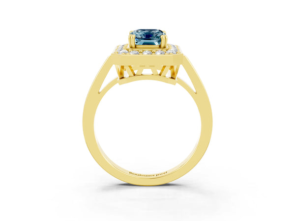 Yellow gold Emerald Cut Aquamarine Halo Ring with Split Shank and Four-Prong Setting