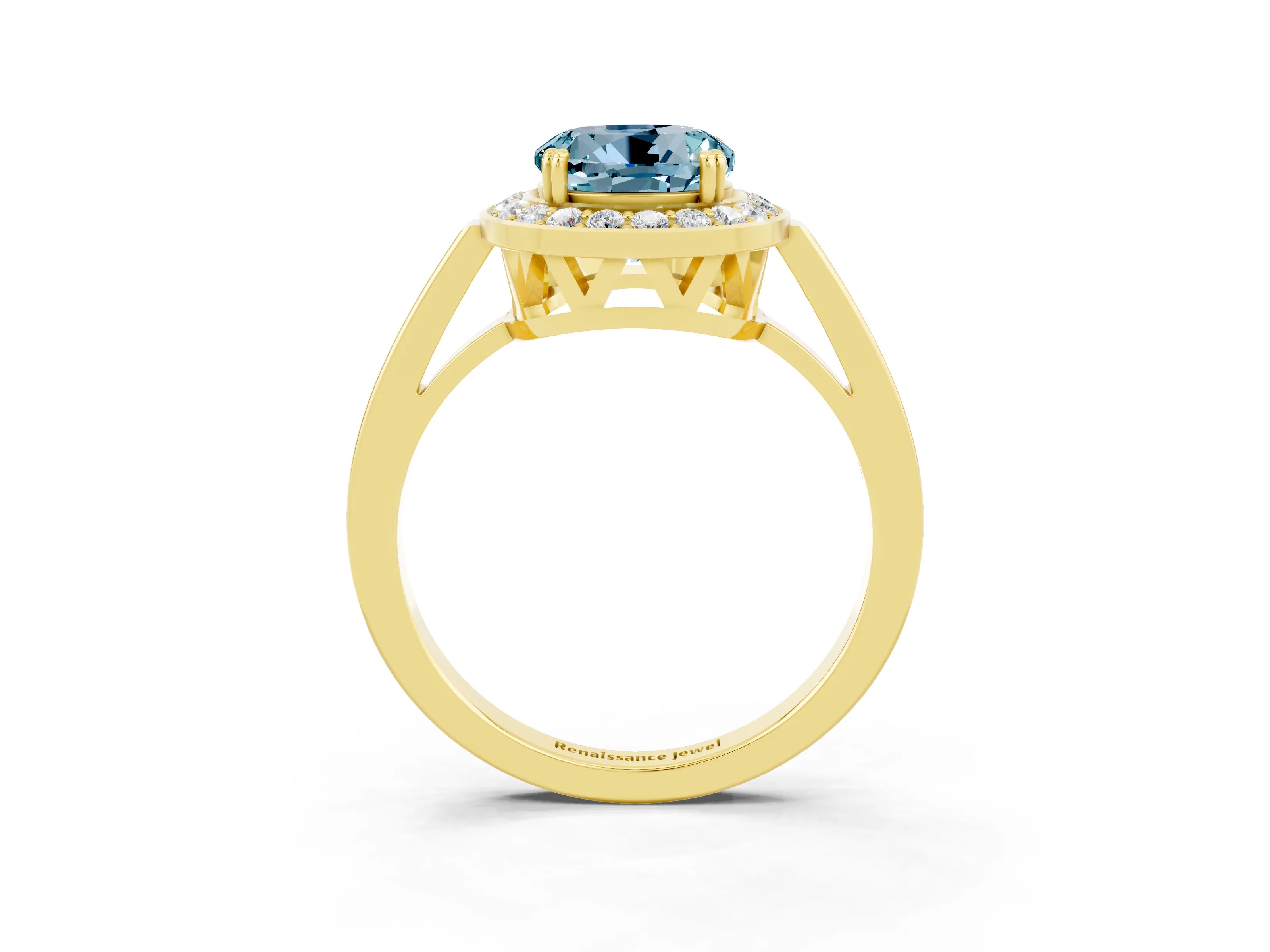 Yellow gold {shape_name} Aquamarine Halo Ring with Split Shank and Four-Prong Setting_3