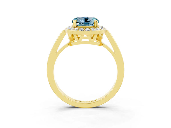 Yellow gold Round Cut Aquamarine Halo Ring with Split Shank and Four-Prong Setting