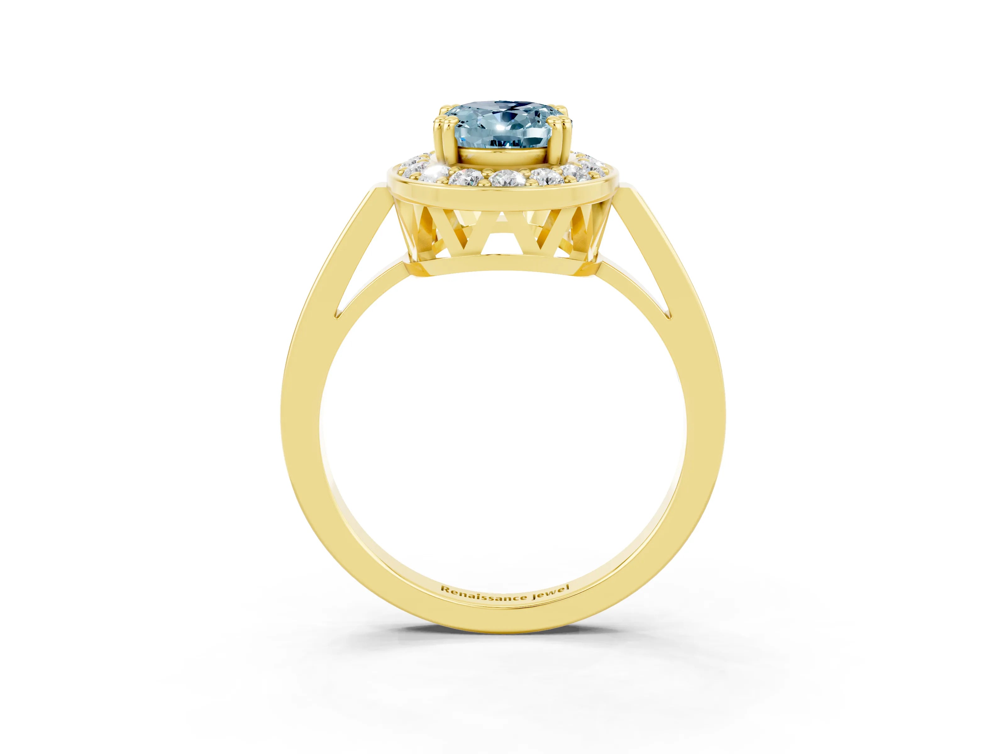 Yellow gold {shape_name} Aquamarine Halo Ring with Split Shank and Four-Prong Setting_3