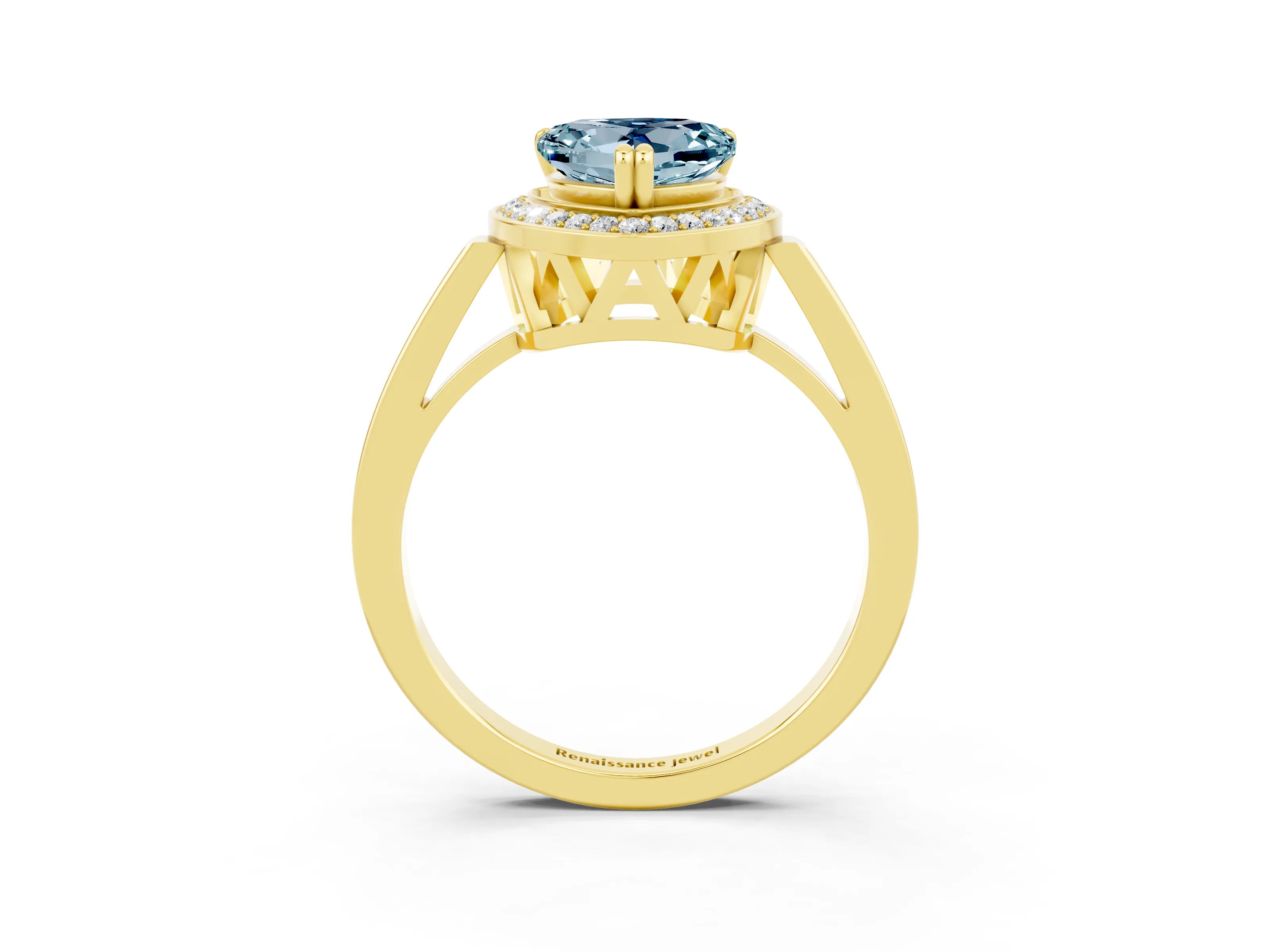 Yellow gold {shape_name} Aquamarine Halo Ring with Split Shank and Four-Prong Setting_3