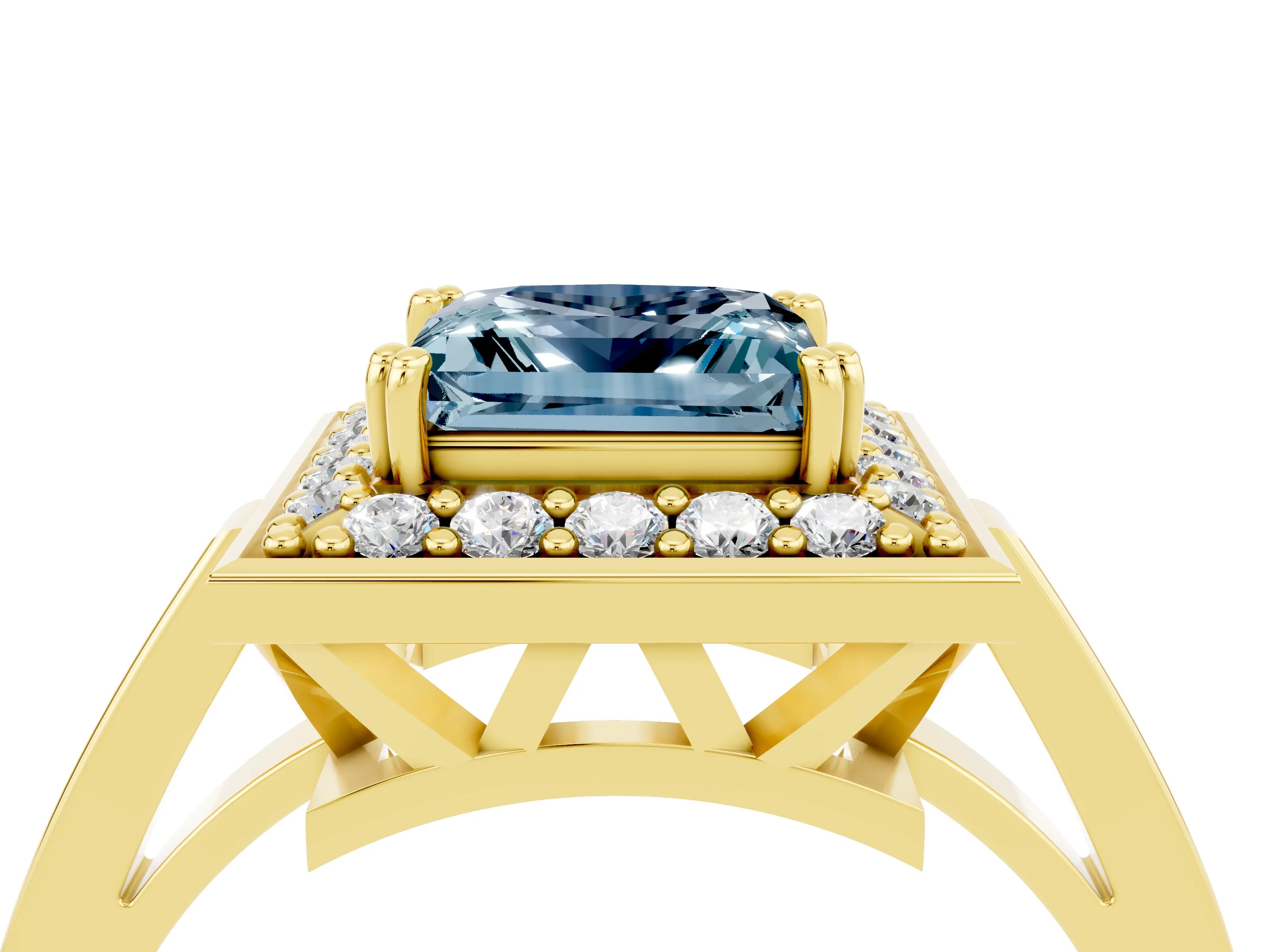 Yellow gold {shape_name} Aquamarine Halo Ring with Split Shank and Four-Prong Setting_4