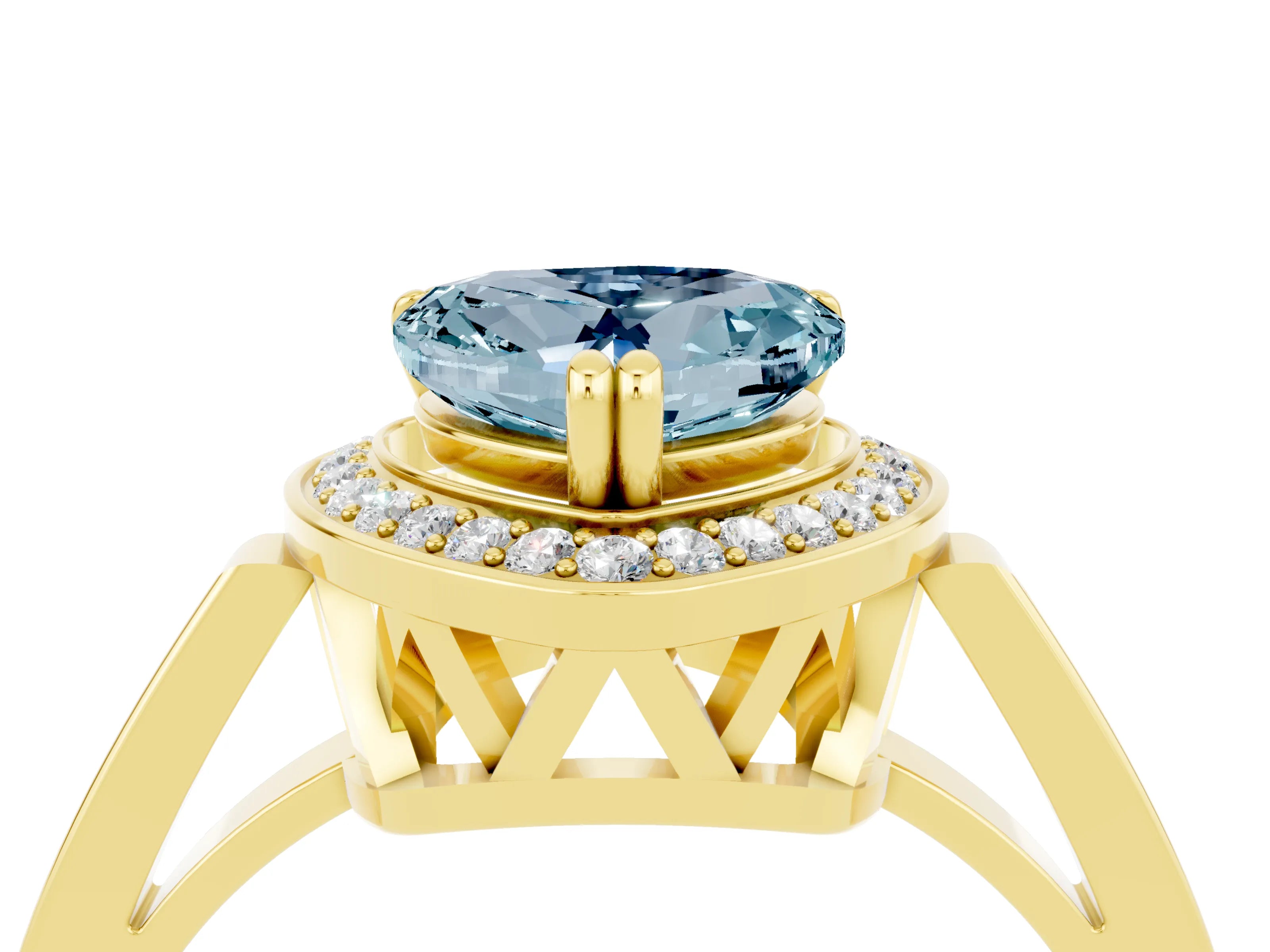 Yellow gold {shape_name} Aquamarine Halo Ring with Split Shank and Four-Prong Setting_4