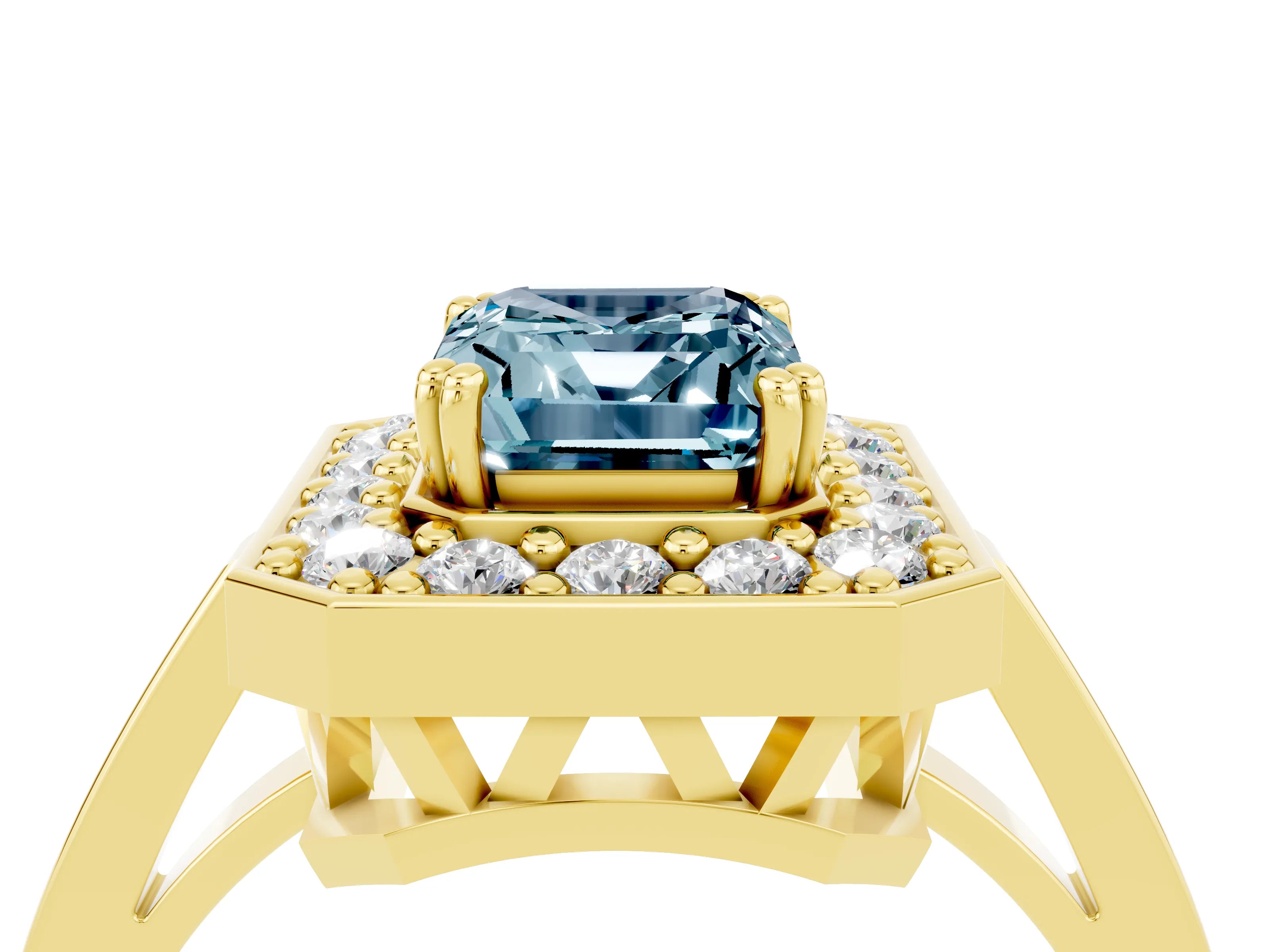 Yellow gold {shape_name} Aquamarine Halo Ring with Split Shank and Four-Prong Setting_4