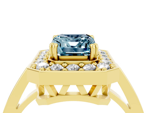 Yellow gold {shape_name} Aquamarine Halo Ring with Split Shank and Four-Prong Setting_4
