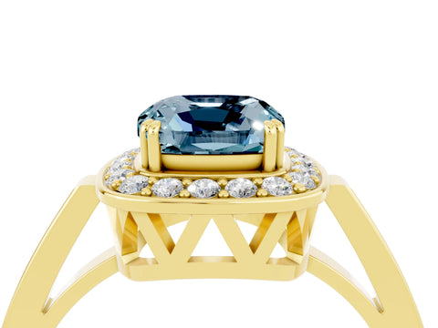 Yellow gold {shape_name} Aquamarine Halo Ring with Split Shank and Four-Prong Setting_4