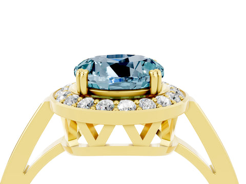Yellow gold {shape_name} Aquamarine Halo Ring with Split Shank and Four-Prong Setting_4