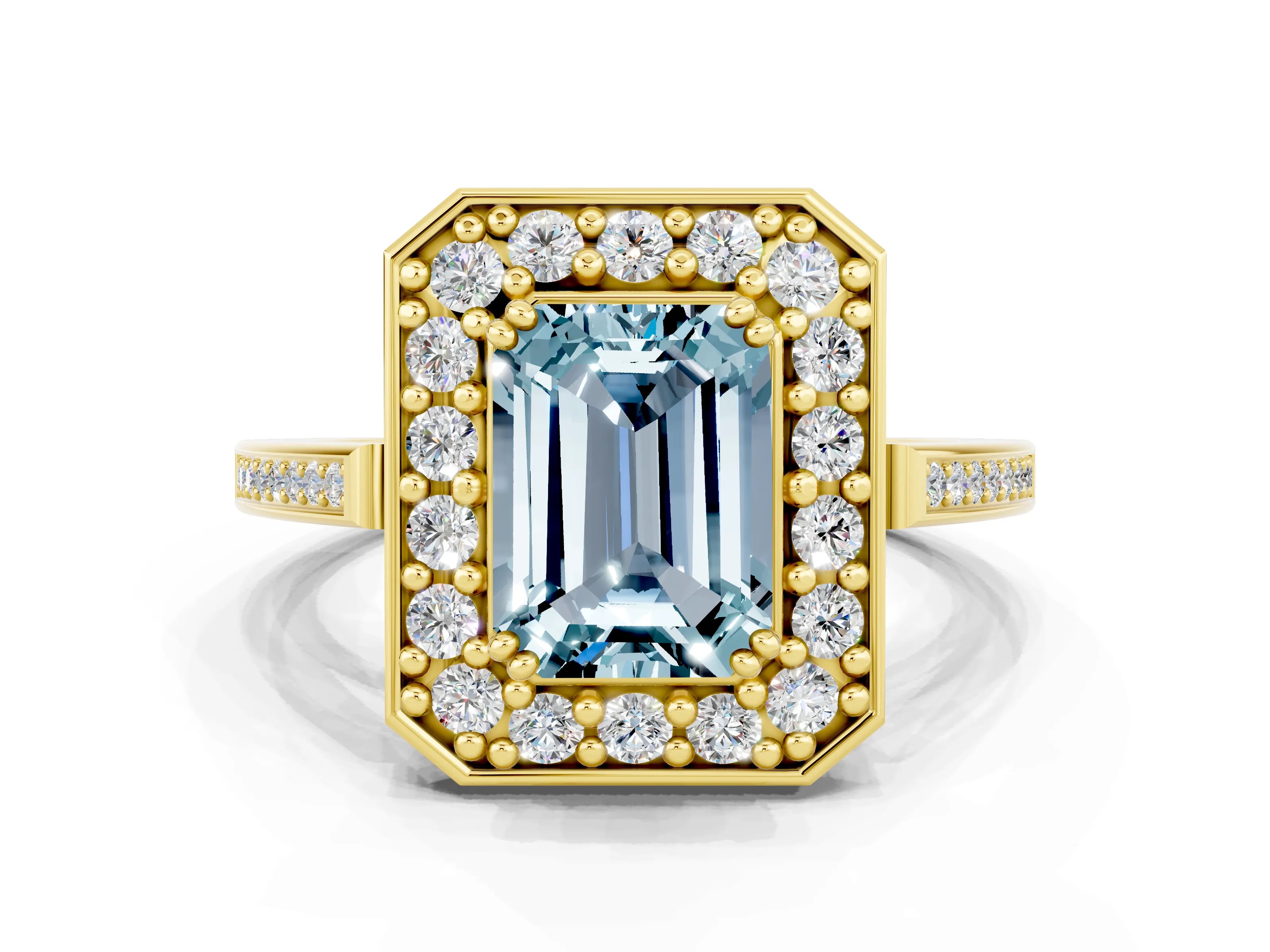 Yellow gold {shape_name} Aquamarine Halo Ring with Split Shank and Four-Prong Setting