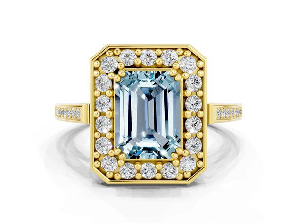 Yellow gold Emerald Cut Aquamarine Halo Ring with Split Shank and Four-Prong Setting