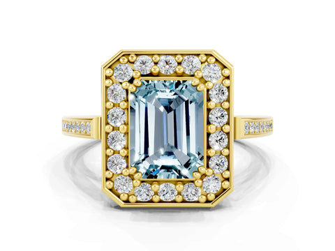 Yellow gold {shape_name} Aquamarine Halo Ring with Split Shank and Four-Prong Setting