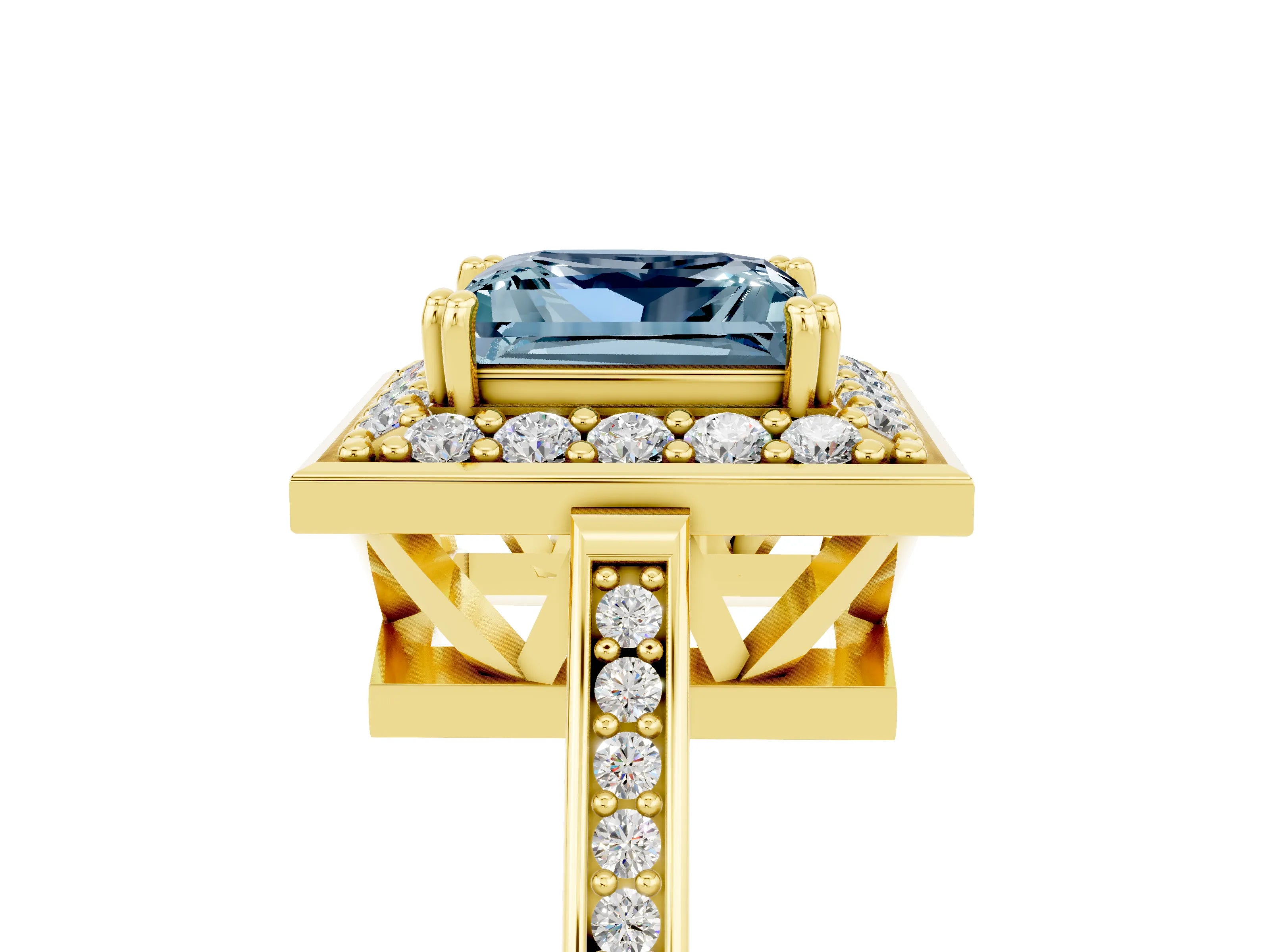 Yellow gold {shape_name} Aquamarine Halo Ring with Split Shank and Four-Prong Setting_5