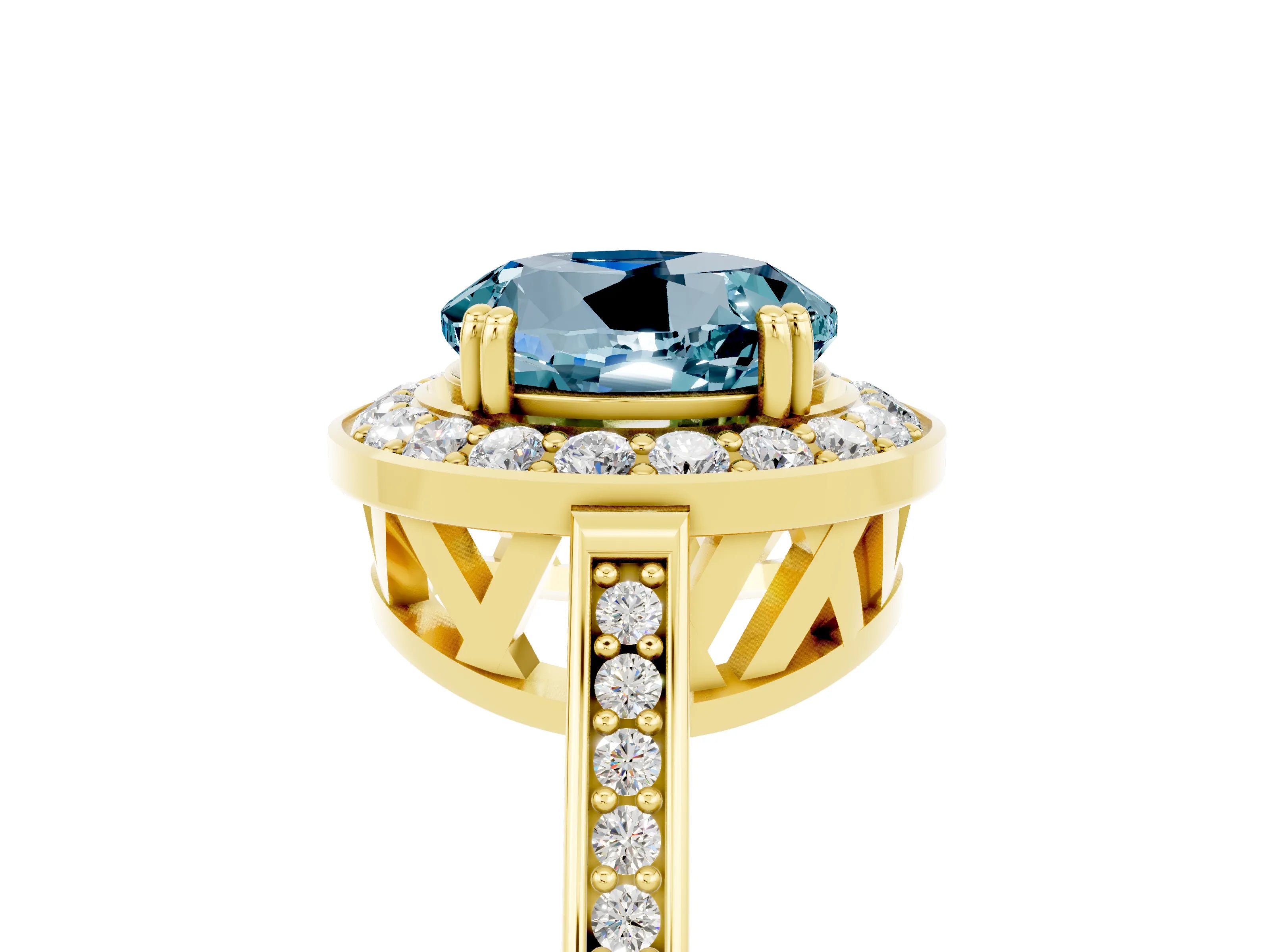 Yellow gold {shape_name} Aquamarine Halo Ring with Split Shank and Four-Prong Setting_5
