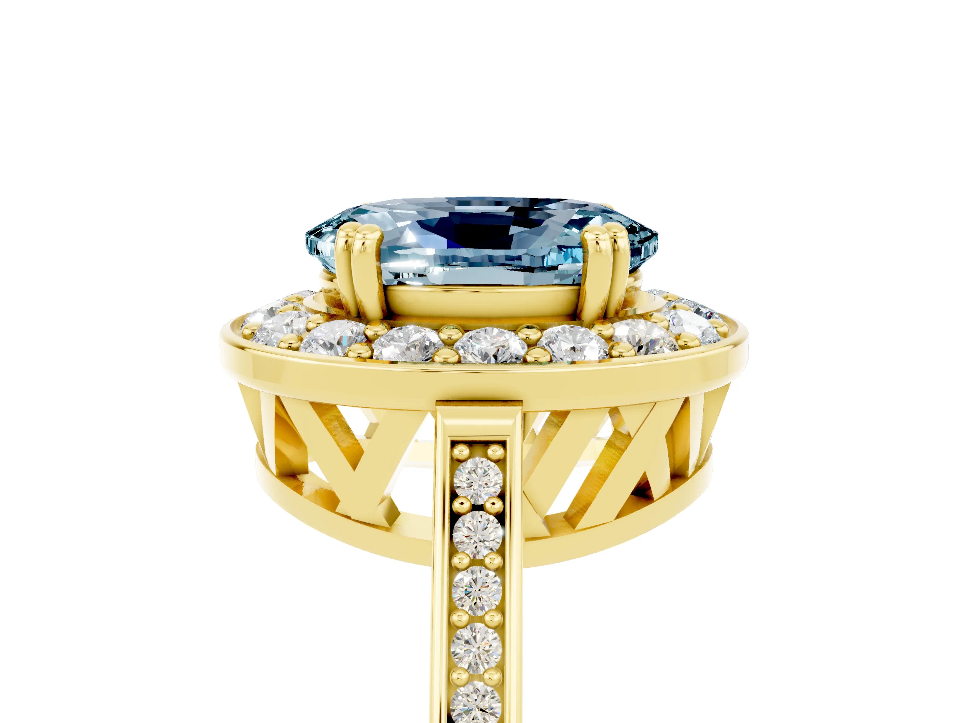 Yellow gold {shape_name} Aquamarine Halo Ring with Split Shank and Four-Prong Setting_5