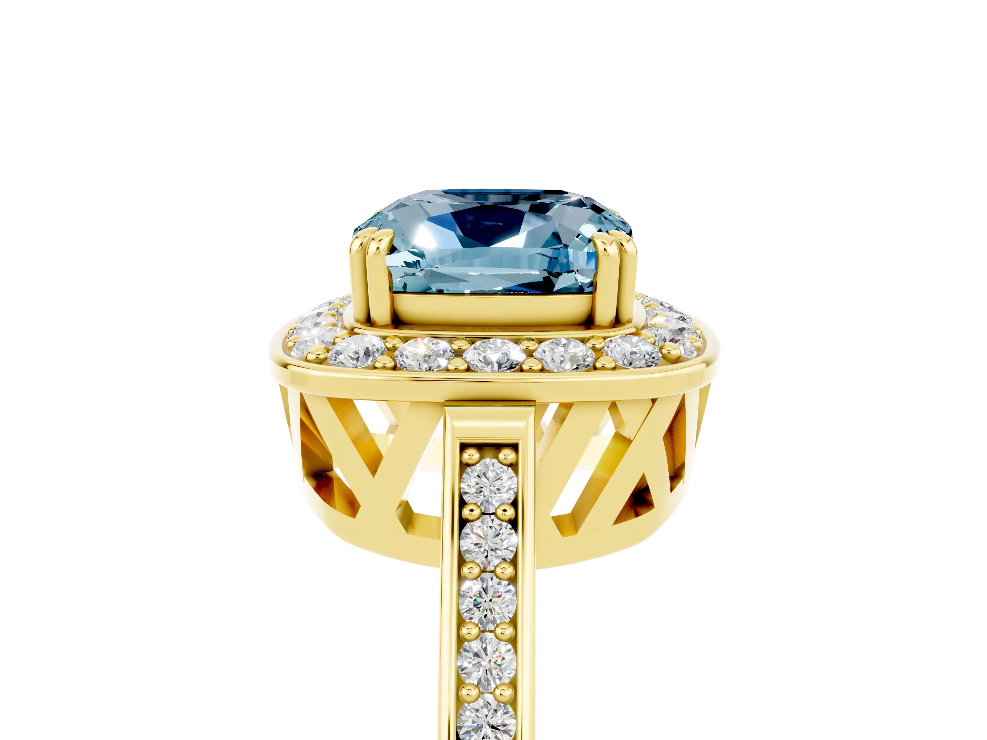 Yellow gold {shape_name} Aquamarine Halo Ring with Split Shank and Four-Prong Setting_5