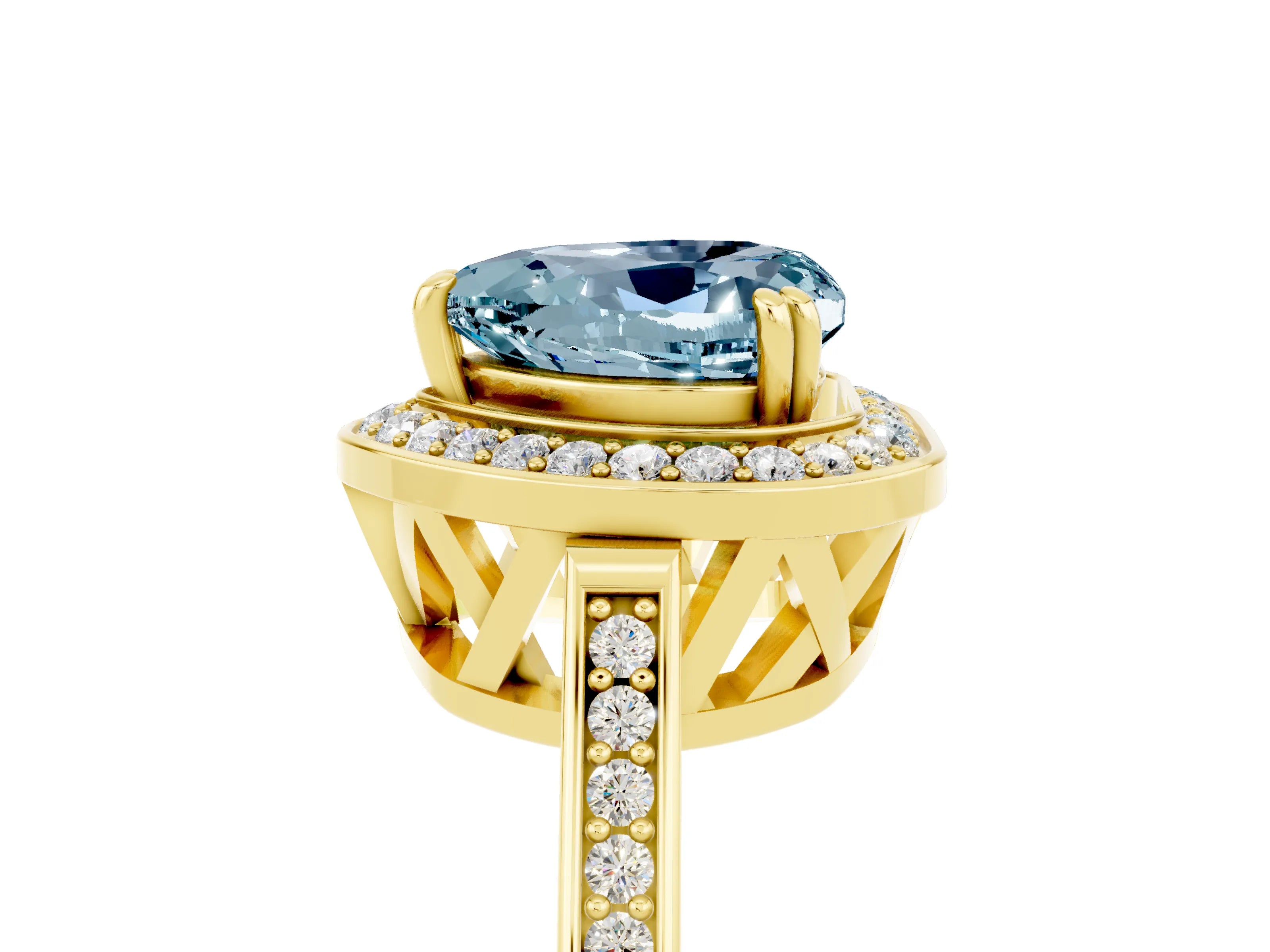 Yellow gold {shape_name} Aquamarine Halo Ring with Split Shank and Four-Prong Setting_5