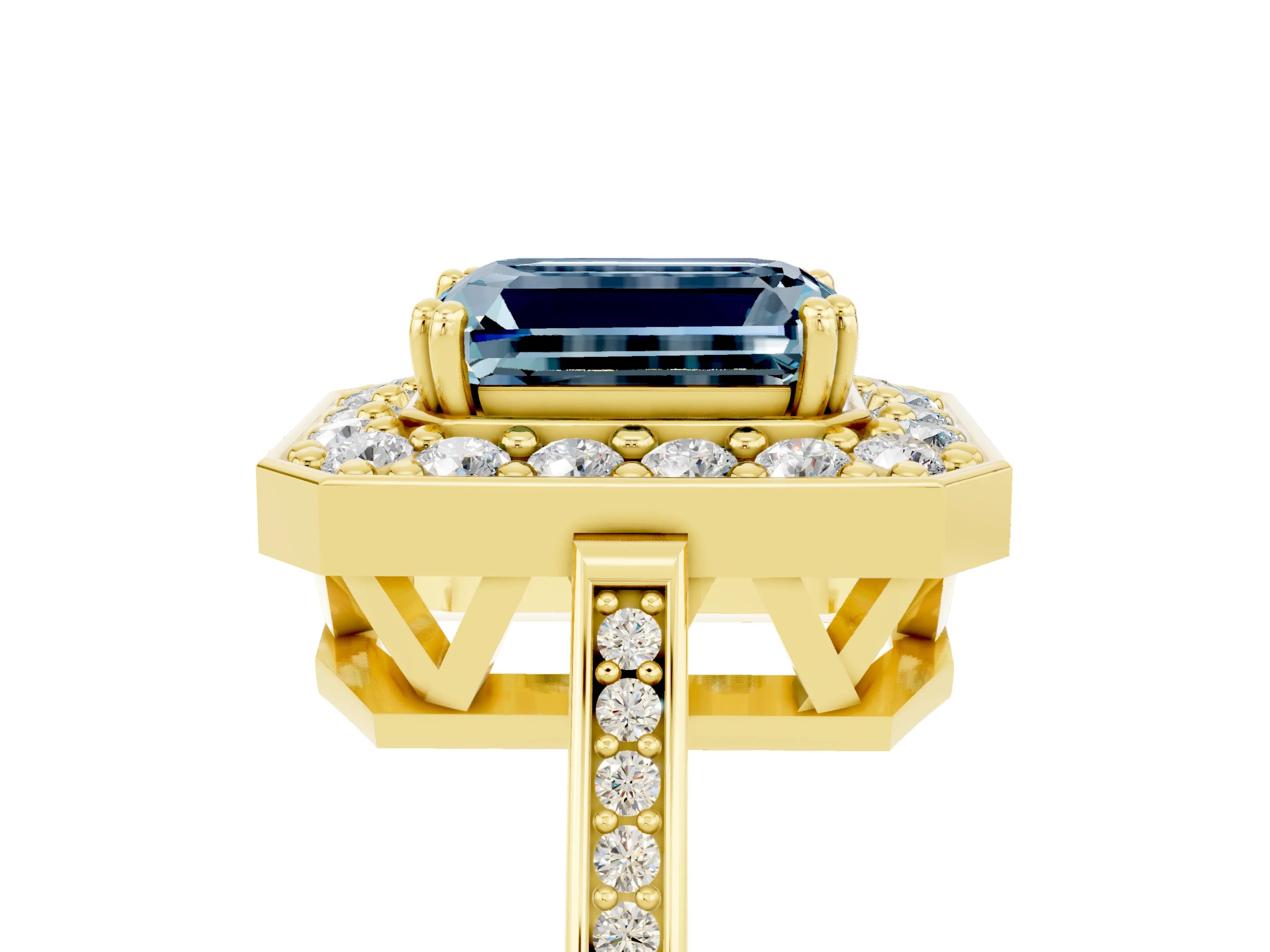 Yellow gold {shape_name} Aquamarine Halo Ring with Split Shank and Four-Prong Setting_5
