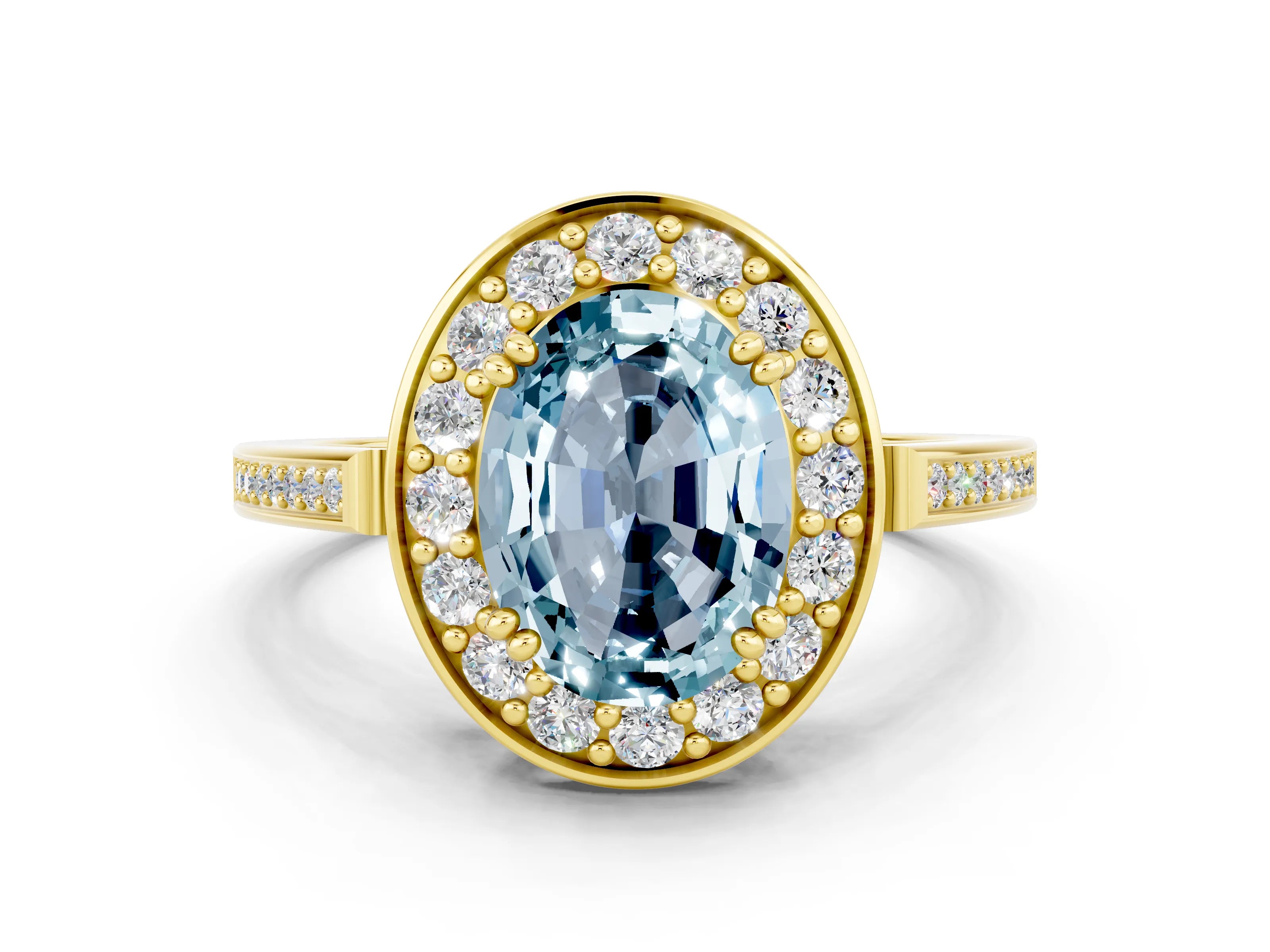 Yellow gold {shape_name} Aquamarine Halo Ring with Split Shank and Four-Prong Setting