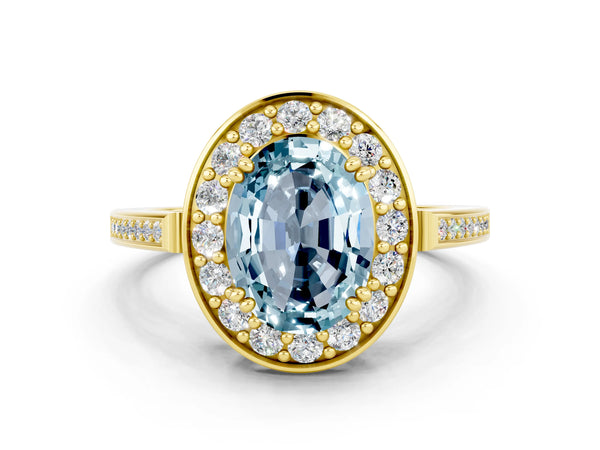Yellow gold Oval Cut Aquamarine Halo Ring with Split Shank and Four-Prong Setting
