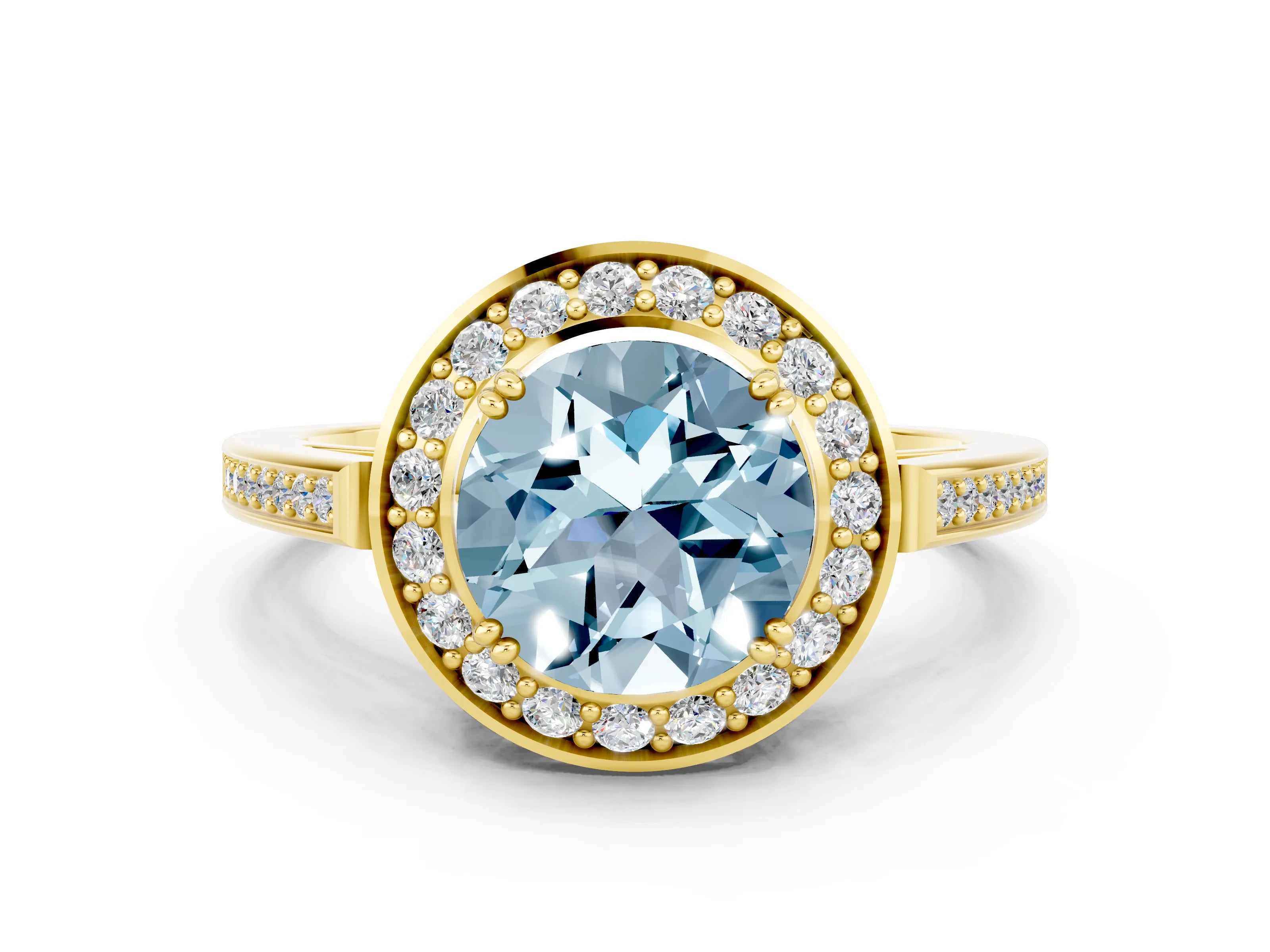 Yellow gold {shape_name} Aquamarine Halo Ring with Split Shank and Four-Prong Setting