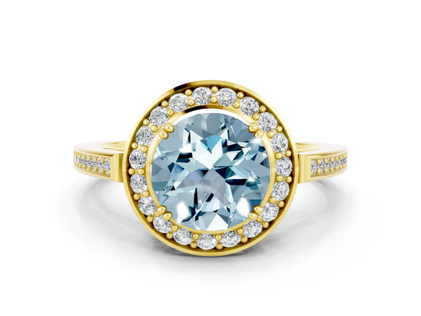 Yellow gold Round Cut Aquamarine Halo Ring with Split Shank and Four-Prong Setting
