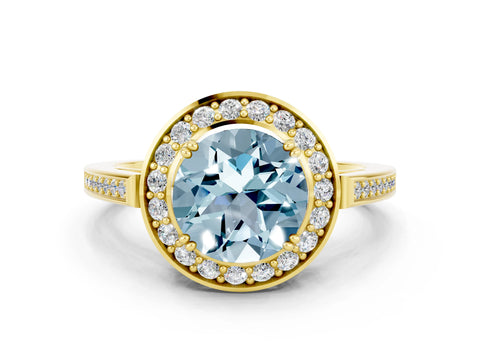 Yellow gold {shape_name} Aquamarine Halo Ring with Split Shank and Four-Prong Setting