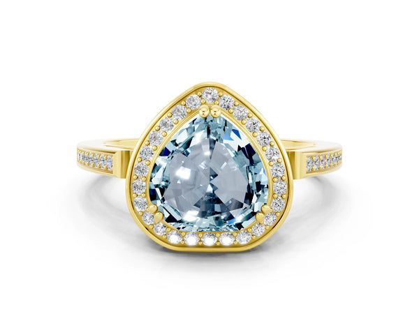 Yellow gold Heart Cut Aquamarine Halo Ring with Split Shank and Four-Prong Setting