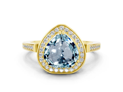 Yellow gold {shape_name} Aquamarine Halo Ring with Split Shank and Four-Prong Setting