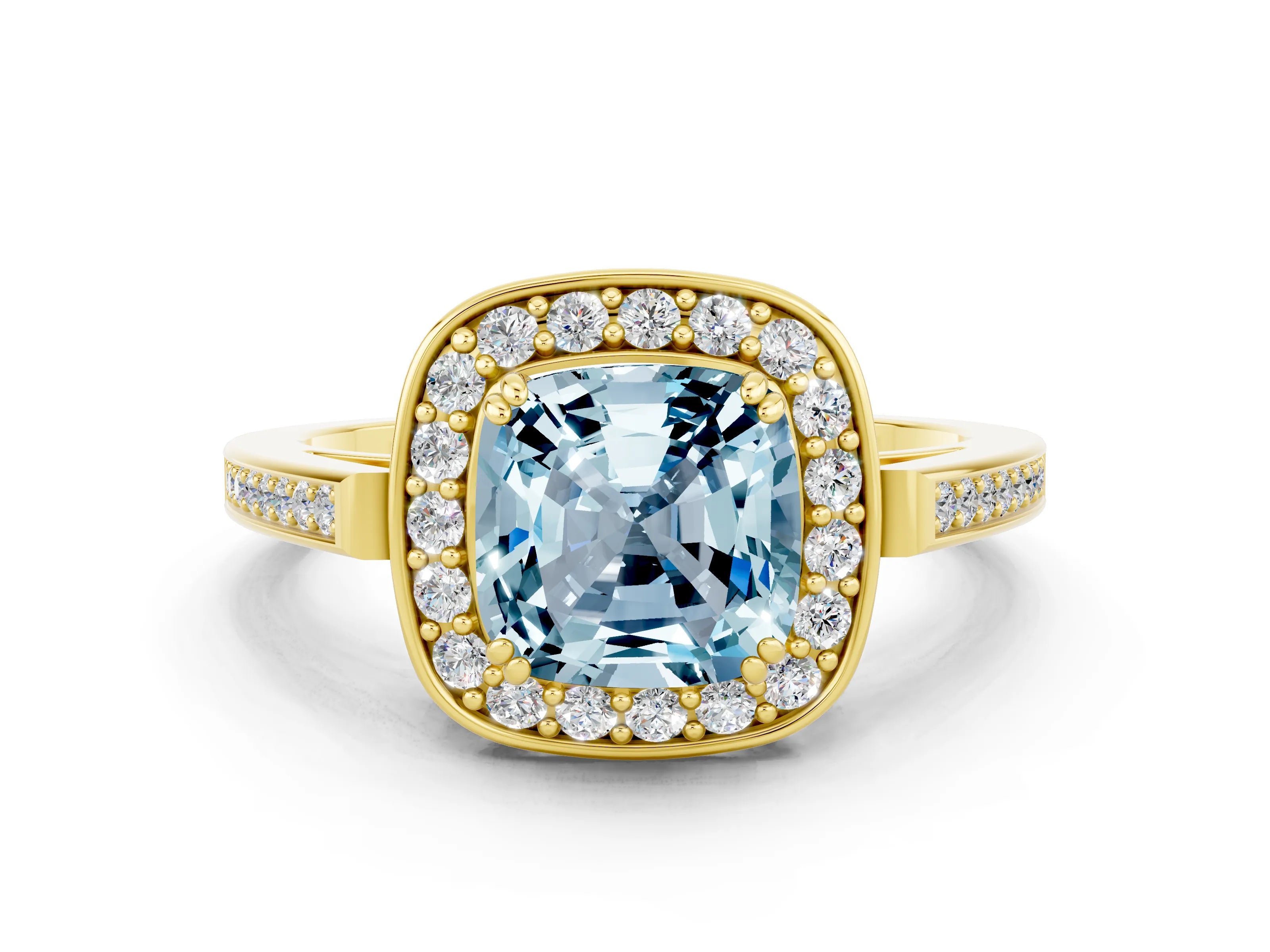 Yellow gold {shape_name} Aquamarine Halo Ring with Split Shank and Four-Prong Setting